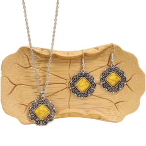 3pcs Earrings Plus Necklace  Jewelry Set Inlaid Square Natural Stone