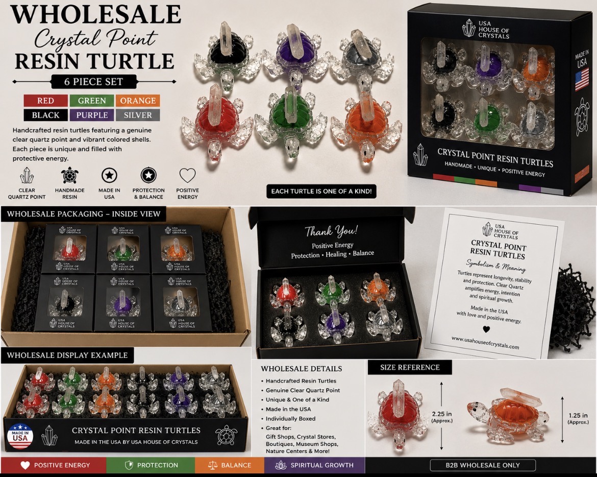 🐢 Crystal Point Resin Turtle Collection – 6 Piece Wholesale Set
