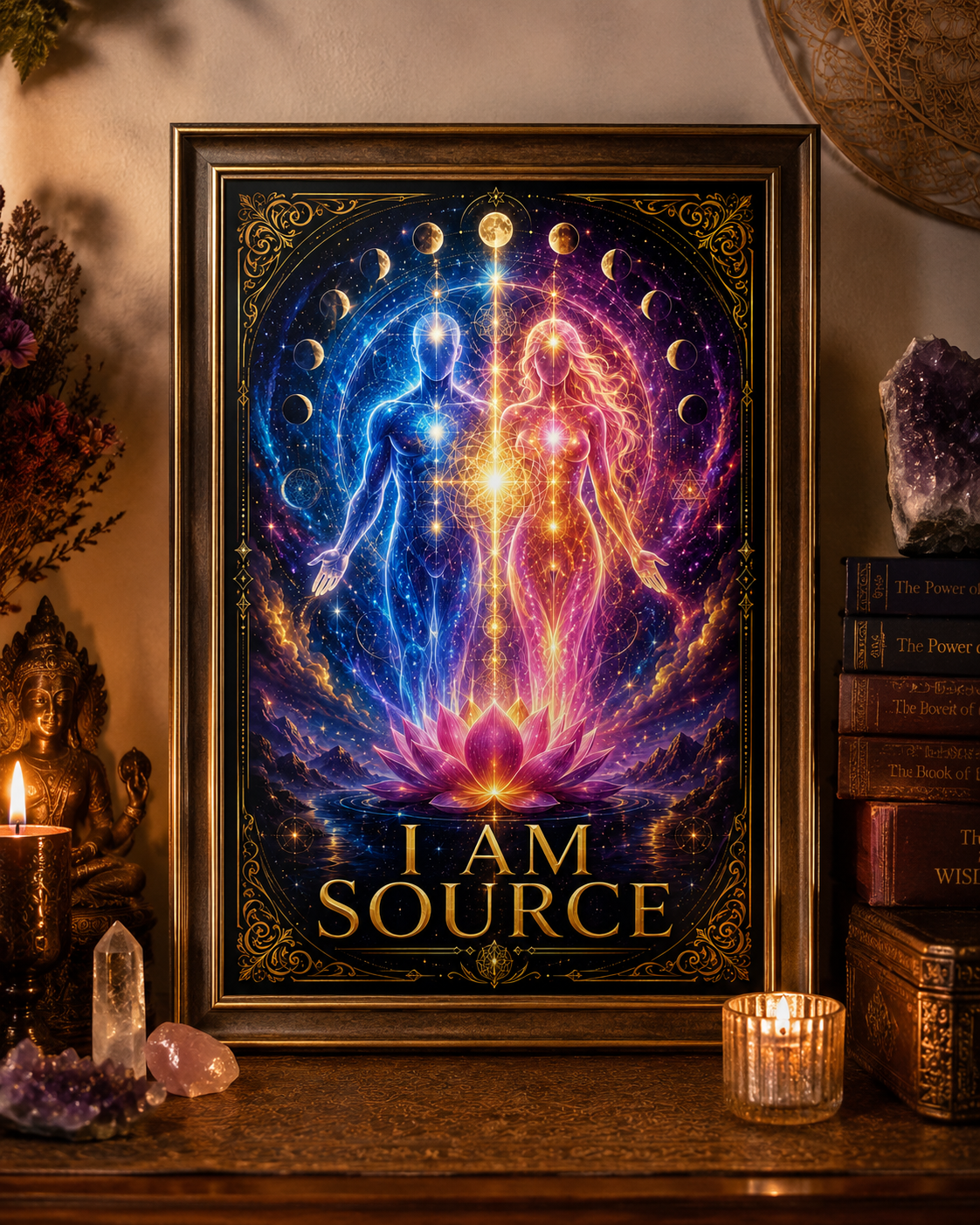 **I AM SOURCE** is a vibrant spiritual art print representing divine balance, unity, creation, and the connection between masculine and feminine energ