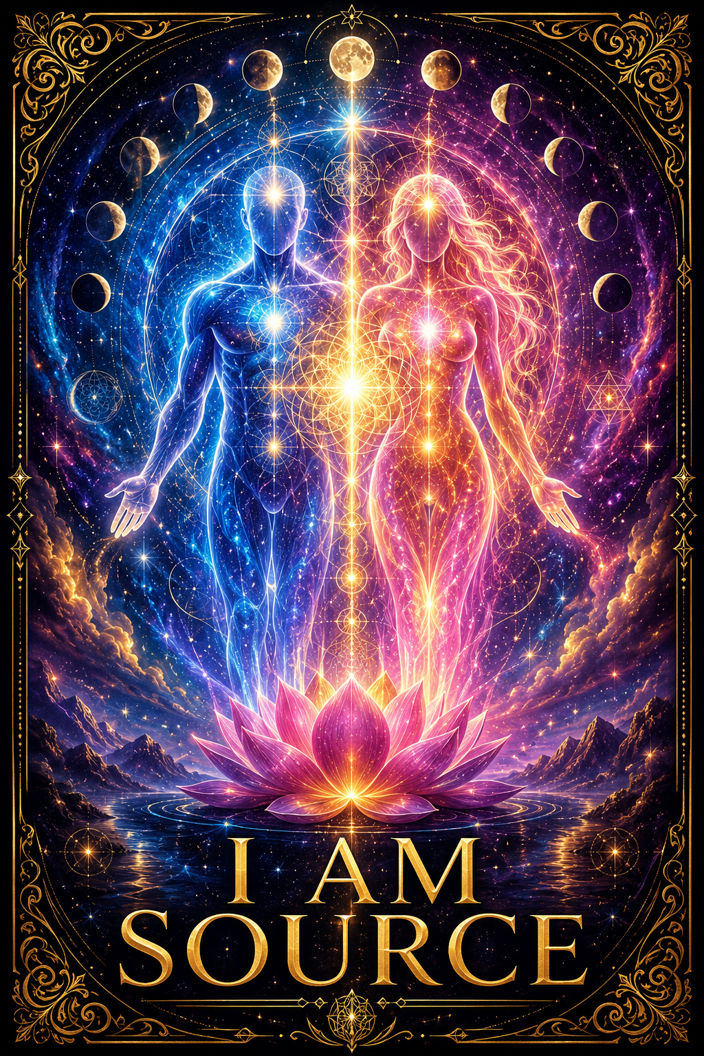 **I AM SOURCE** is a vibrant spiritual art print representing divine balance, unity, creation, and the connection between masculine and feminine energ image 2