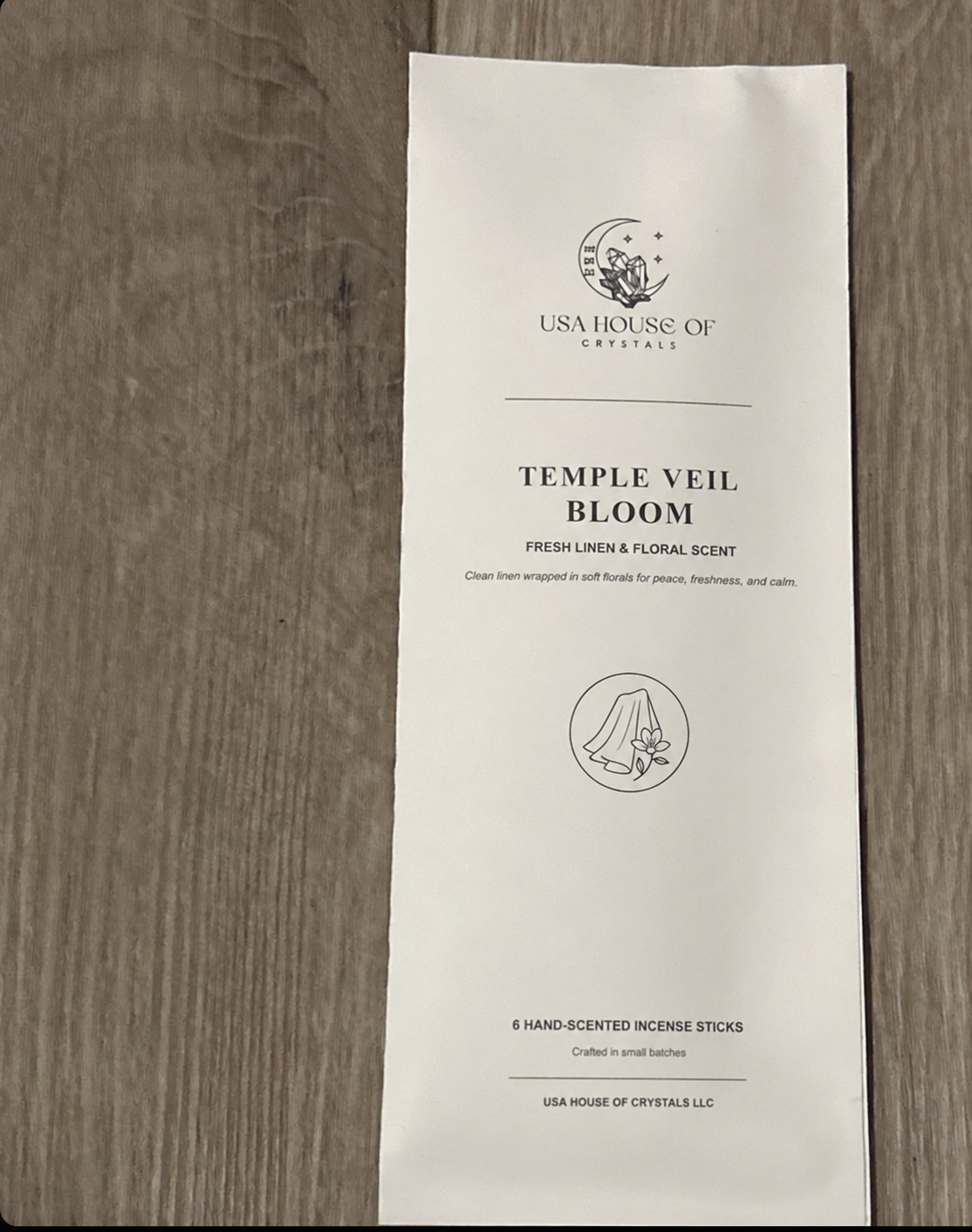 USA House of Crystals Temple Veil Bloom Fresh Linen & Floral Hand-Scented Incense Sticks