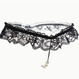 Sheer Floral Lace Thongs with Pearl Detailing - Low Waist - Black